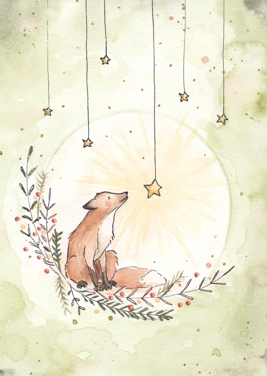 Handdrawn Christmas Card, Fox With Christmas Stars, With Envelope Etsy