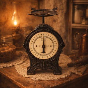 Puede incluir: Una antigua balanza negra y crema con un dial circular, con una aguja que apunta a cero. La balanza tiene una pequeña plataforma redonda y está colocada sobre una superficie de madera. El texto en el dial dice "Max 5kg".