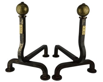 19e-eeuwse Franse haardbokken met koperen decoratie, vintage haardbokken Frankrijk, grote ijzeren haardbokken