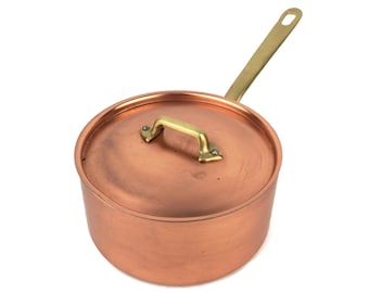 Vintage Copper Casserole Pot with Lid and Brass Handles, Solid Copper Cooking Pot With Brass Handles, Copper Cookware