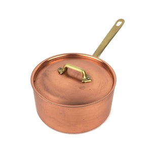 Vintage Copper Casserole Pot with Lid and Brass Handles, Solid Copper Cooking Pot With Brass Handles, Copper Cookware