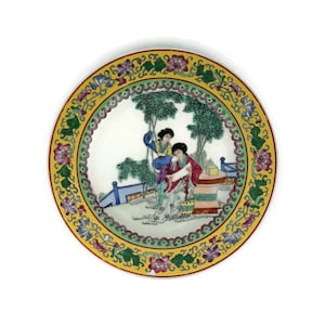 Antiker chinesischer Porzellanteller, handgemalter chinesischer Teller, Rosenmedaillon-chinesischer Porzellanteller