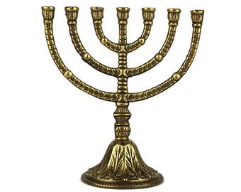 Jewish Menorah Candle Holder 7 Candles, Jerusalem Bras Menorah, Antique Menorah Candlestick 7 Candles