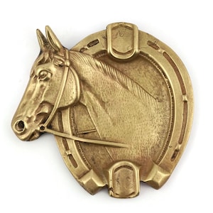 Antique Brass Ashtray, Vintage Brass Engraved Ashtray France, Horseshoe Ashtray With Horse Head