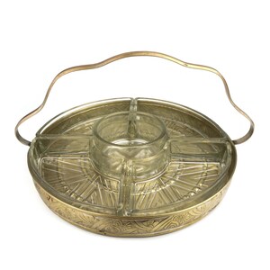 Antique Engraved Serving Brass Tray With Glass Bowls, Vintage Brass Tray with Handle and Glass Bowls, Home Decor Gift, Classical Serving
