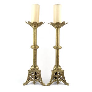Antique Brass Candle Holders, High Temple Candlesticks Set, Pair Large Candle Holders, Religious Church Candlesticks