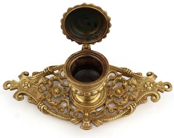 19th Century Brass Inkwell, Antique Brass Inkwell, Victorian Desk Decor, Collectible Office Accessory