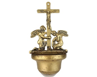 Antique Holy Water Font With Cross Crucifix, Jesus Cross Crucifix With Holy Water Font, Angels Holy Water Font With Jesus Cross Crucifix