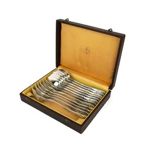 Antique Silver Plated Dining Set 6 Spoons and 6 Forks in Original Box, Belgian Dining Set
