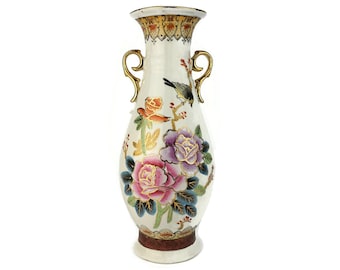 Vaso cinese antico, vaso cinese con fiori rosa e viola, vaso cinese dipinto a mano, vaso cinese in porcellana