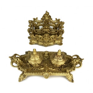 Ensemble d'encriers en laiton et porte-lettres du XIXe siècle, Encrier en laiton antique, Très grand encrier, Ensemble porte-lettres avec encrier