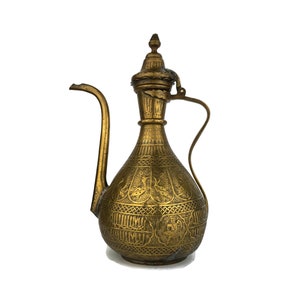 19th Century Brass Pitcher Large Engraved Pitcher, Handmade Brass Ewer, Antique Handmade Pitcher
