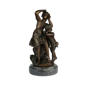 Antique Bronze Statue, French Bronze Sculpture Girl and Boy, Hippolyte Francois Moreau Bronze Sculpture, Signed French Statue