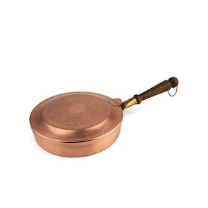 Padella vintage in rame con manico in legno, casseruola in rame con coperchio, raccoglitore di briciole e cenere silenzioso in rame vintage