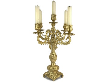 19th Century Brass Candle Holder 5 Candles, Antique Brass Candlestick, 1800s Brass Candelabra