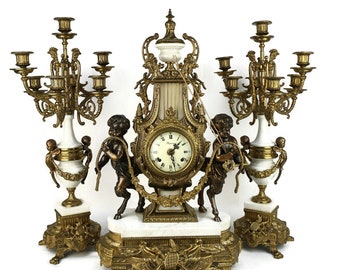 Antique Mantle Clock With Candle Holders, Brevettato Mantle Clock With Pair Candlesticks, Imperial Mantle Clock Set, Louis XV Mantle Clock