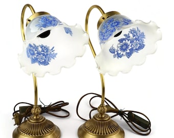 Antique Table Lamp Set, Blue White Glass Table Lamp Set With Brass Base