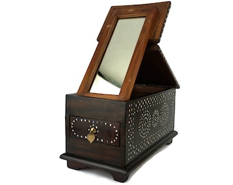 Antique Wooden Jewelry Box With Mirror, Wooden Jewelry Box, Vintage Organizer Jewelry Box, Large Jewelry Box