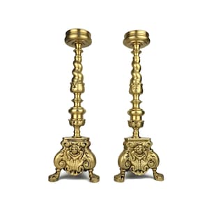 19th Century Candle Holder Set, French Candle Holder Set, Large Antique Brass Candlesticks, Fireplace Candle Stands, Church Decor