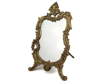 Antiker großer Tischspiegel, barocker verzierter Messing-Make-up-Spiegel, Schminktisch-Spiegel, Waschtischzubehör, stehender viktorianischer Spiegel
