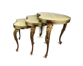 Antique Nesting Table Set, Onyx Nesting Table Set, Brass Nesting Table Set, Hollywood Regency Style Nesting Table Set