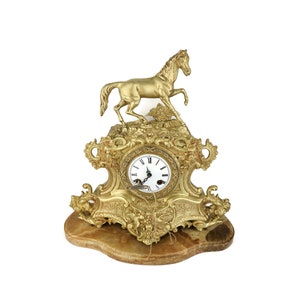 Antique Mantel Clock, 19th Century Mantel Clock With Stone Base and Horse Statue, Collectible Mantel Clock