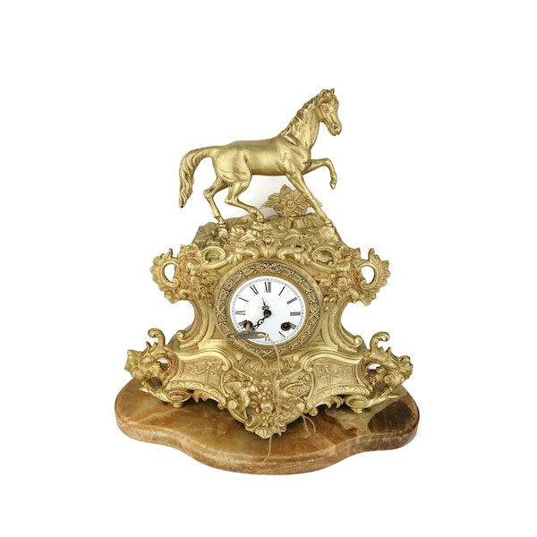 Antique Mantel Clock, 19th Century Mantel Clock With Stone Base and Horse Statue, Collectible Mantel Clock