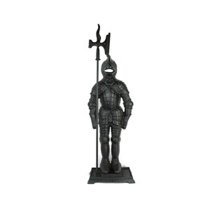 May include: Black cast iron fireplace tool set featuring a knight holding a spear. The knight is wearing armour and a helmet. The set is a decorative and functional addition to any fireplace.