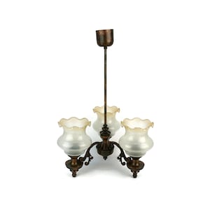 Antique Chandelier, Vintage Chandelier With 3 Lamps and White Glass Shades