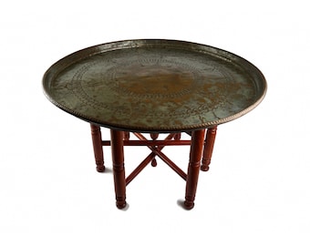 Antique Copper Table Tray, Engraved Copper Tray With Wooden Stand, 19th Century Handmade Copper Table Tray, 1800s Copper Table Tray