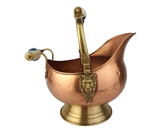 Antique Copper Planter With Lion Head Ornate, Copper Coal Bucket With Delft Handles, Vintage Copper Jardiniere