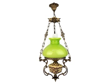 Antique Chandelier, Green Glass Chandelier With Brass Decoration