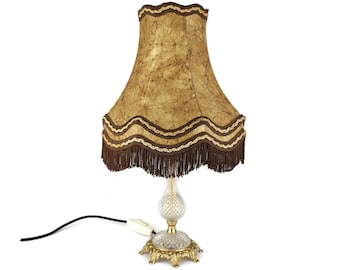 Antique French Table Lamp, Antique Brass Table Lamp With Beige Shade, Vintage Table Lamp With Glass Body and Brass Decoration