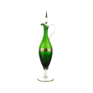 Antique Liqueur Carafe, Green Glass Pitcher With Gilded Decoration, Collectible Decanter