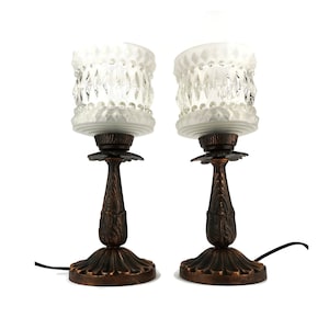 Vintage Table Lamp Set With Metal Base and Glass Shade