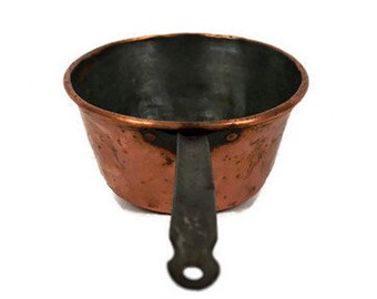Antique French Copper Saucepan With Wrought Iron Handle, French Primitive Copper Pan