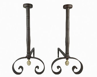 19e-eeuwse Franse haardbokken met koperen decoratie, vintage haardbokken Frankrijk, grote ijzeren haardbokken