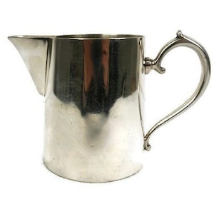 Può includere: Un'annaffiatoio d'argento con un manico curvo. L'annaffiatoio ha una superficie liscia e lucida.