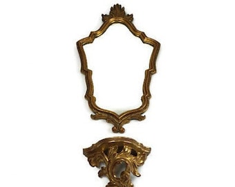 Vintage Wooden Mirror With Table Stand, Antique Wall Hanging Wooden Mirror with Stand, Victorian Gold Wooden Mirror