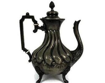 Tetera vintage de metal grabado, jarra de metal grabado con tapa