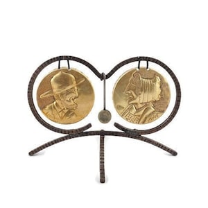 Vintage Brass Gong, Antique Standing Double Gong With Hummer