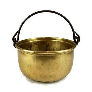 Antique Solid Brass Planter With Iron Handle, Vintage Solid Brass Jardiniere