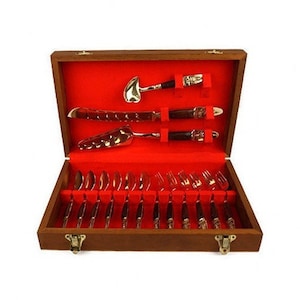 Thai Dinnerware Dessert Utensil Set, Brass Utensil Set with Wooden Handles In Original Box Thailand