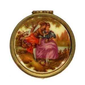 Vintage Brass Pill Box, Round Pill Box With Ceramic Lid