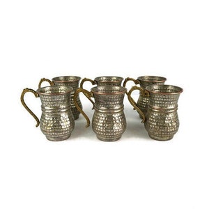 Antique Copper Wine Cup Set of 6, Copper Tinned Wine Cups With Brass Handles, 1800s Copper Wine Cups