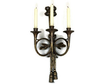 Antique Brass Wall Candle Holder, Brass Sconce Candle Holder 3 Candles, French Wall Decor