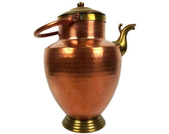 Vintage Copper Brass Pitcher, Antique Spout Pot, Large Copper Watering Pot