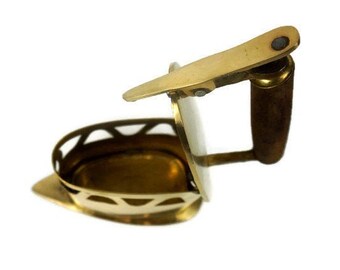 Antique 1920s vintage Brass Coal Iron with Wooden Handle