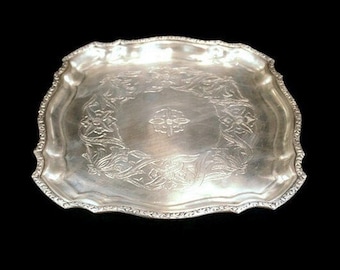 Bandeja antigua plateada, bandeja vintage plateada, bandeja grabada plateada, bandeja de comedor plateada