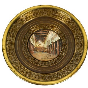Vintage Painted Brass Wall Plate, Wall Hanging Brass Plate, Bethlehem Church Wall Brass Plate